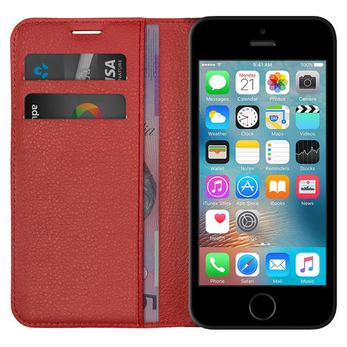 Leather Wallet Case & Card Pouch for Apple iPhone 5 / 5s / SE (1st Gen) - Red